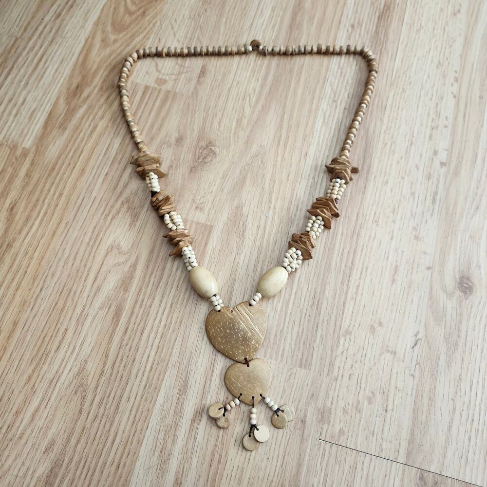 Boho Coconut‎ Shell Wood Bead Double Heart Pendant Necklace Tribal Beach Style
